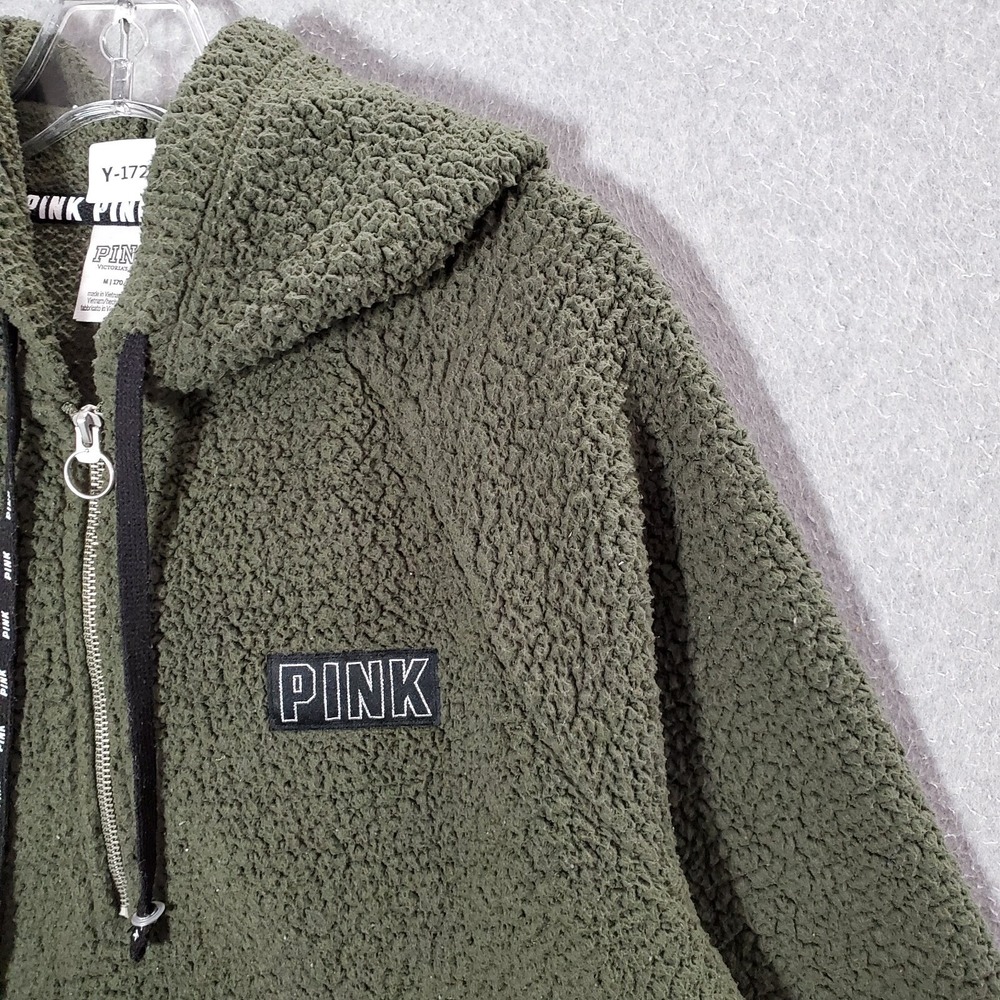 Pink Victorias Secret Men Sweatshirt Medium Olive Sherpa Hoodie 1/4 Zip Logo - Picture 8 of 9